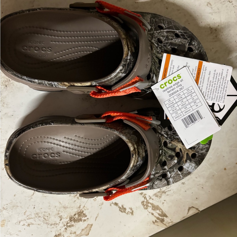 CROCS Gray Camo Sandals with Orange Straps